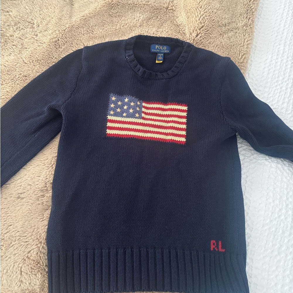 Polo by Ralph Lauren Blue and Red Crewneck Sweater with American Flag